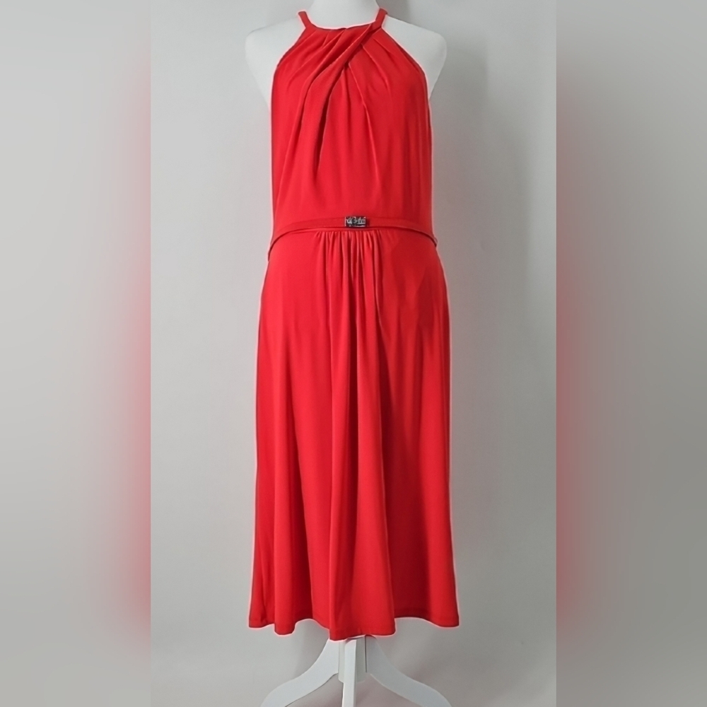 Ralph‎ Lauren Twisted Halter Neckline Flowy Dress Vibrant Red Belted w Crystal